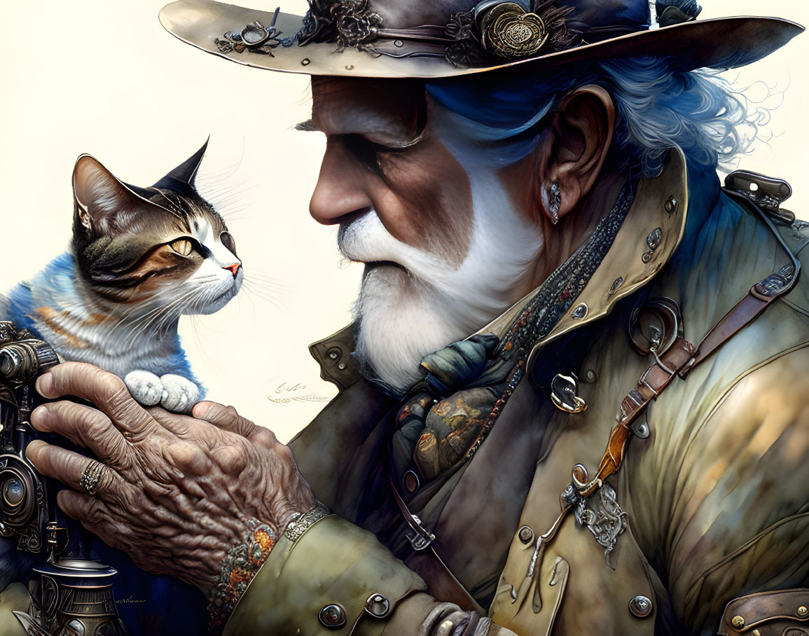 Elderly Cowboy Holding Tabby Cat Surrounded by Western Details