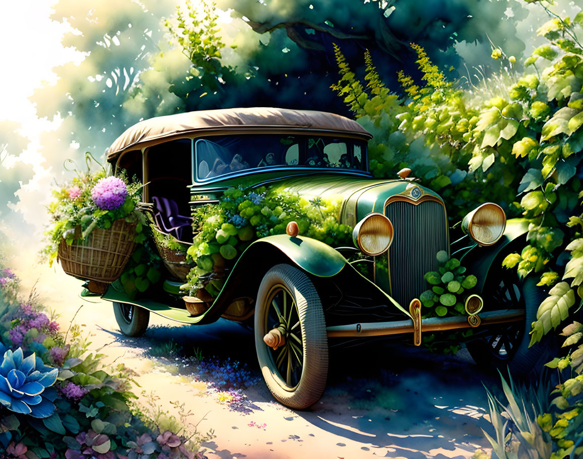 Vintage Car with Wicker Basket in Lush Greenery