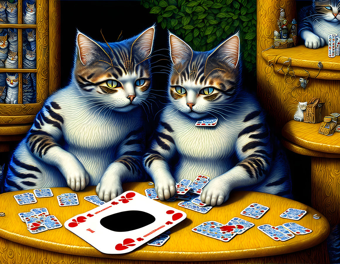 Stylized anthropomorphic cats playing cards on wooden table with colorful cat-themed background.