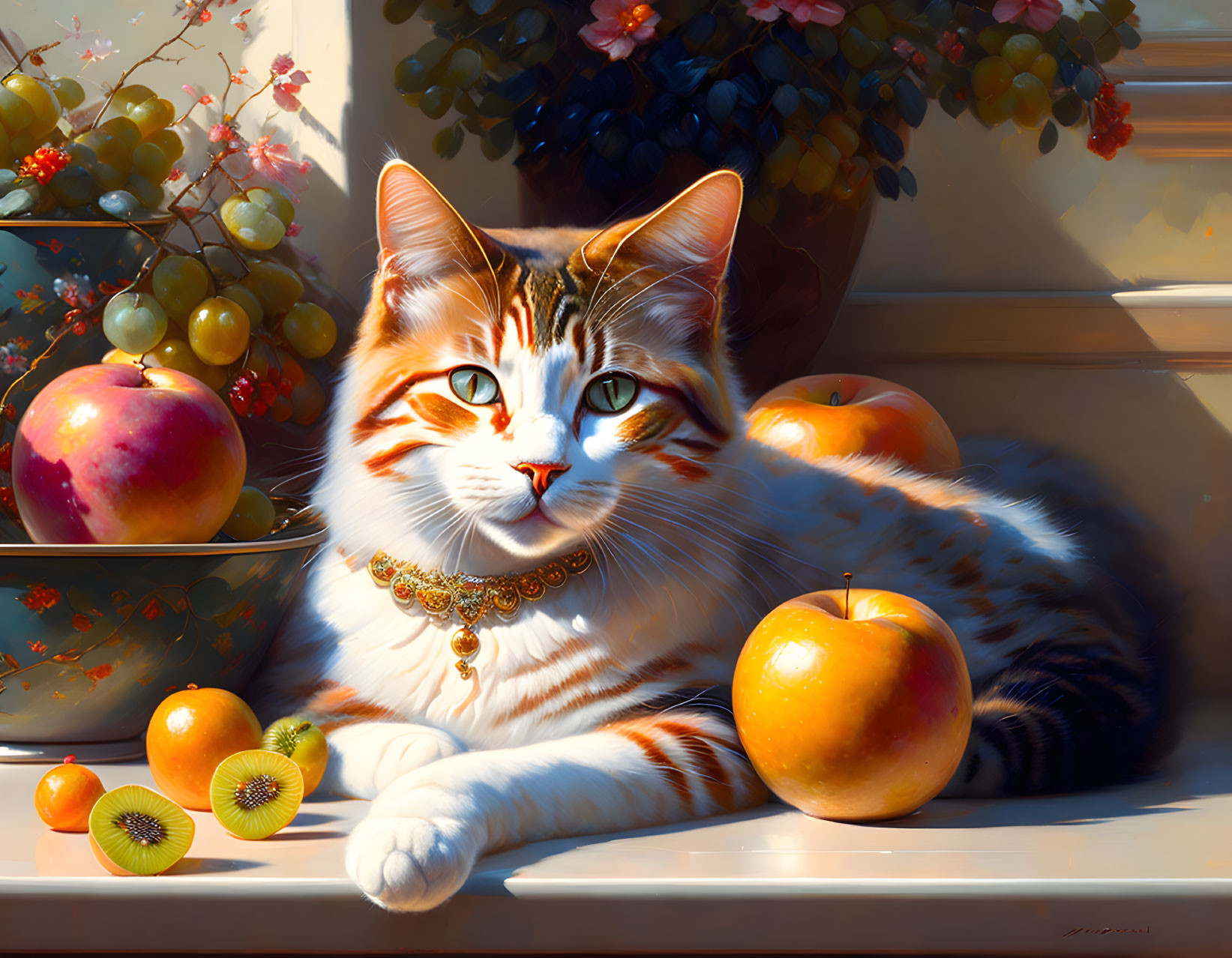 Colorful Painting of Orange Tabby Cat with Blue Eyes and Fruits on Windowsill