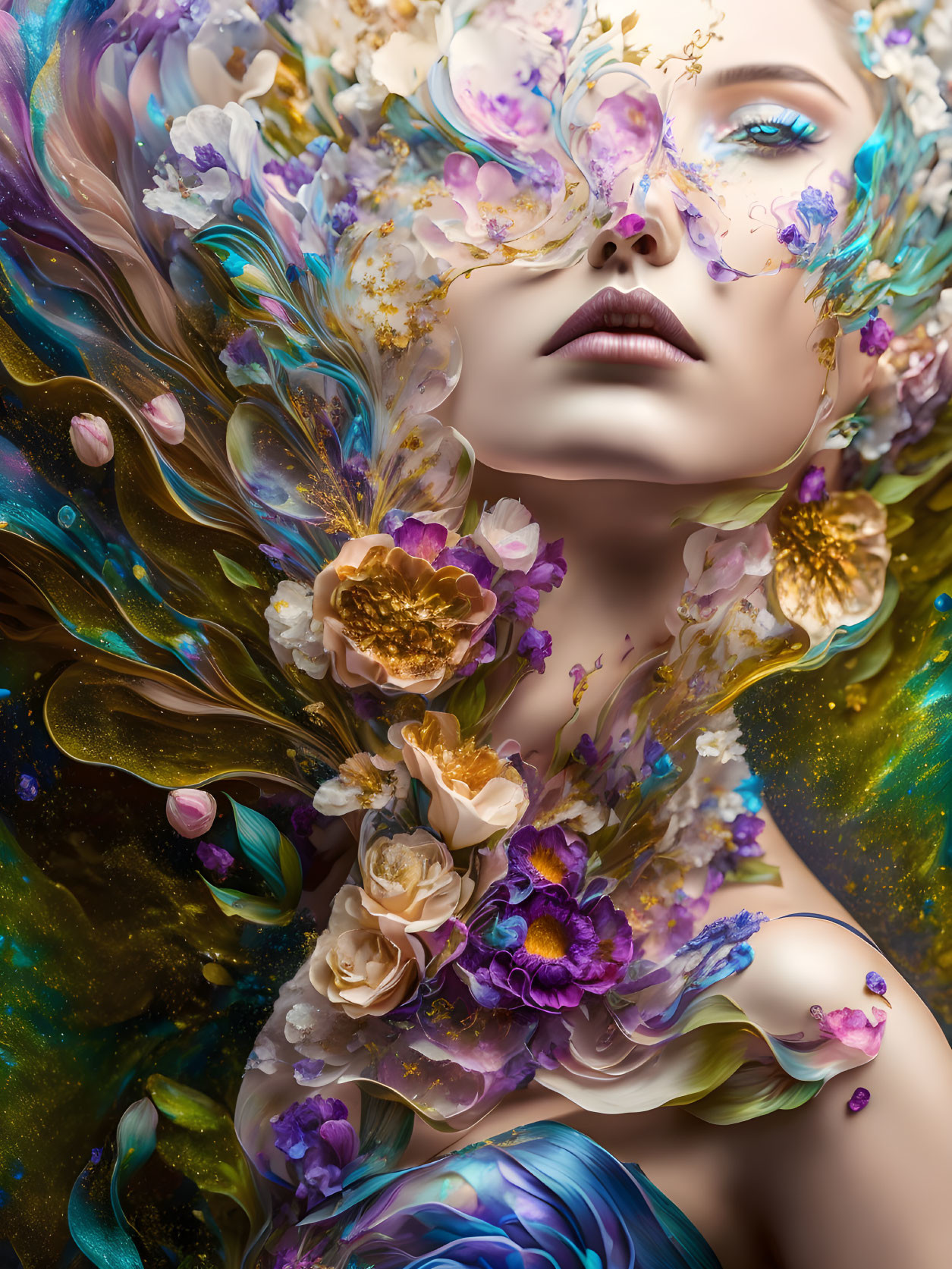 Surreal portrait with vibrant flowers and paint swirls