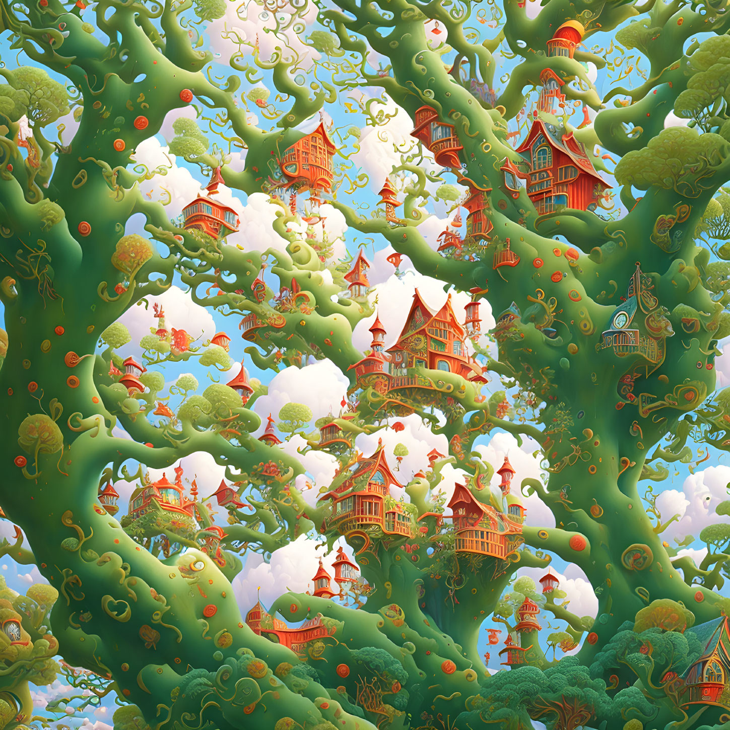 Fantastical tree illustration with intricate houses and structures