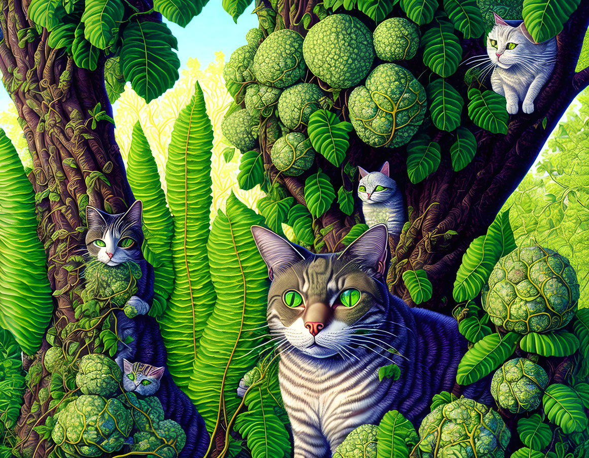 Illustrated scene of multiple camouflaged cats in lush green foliage