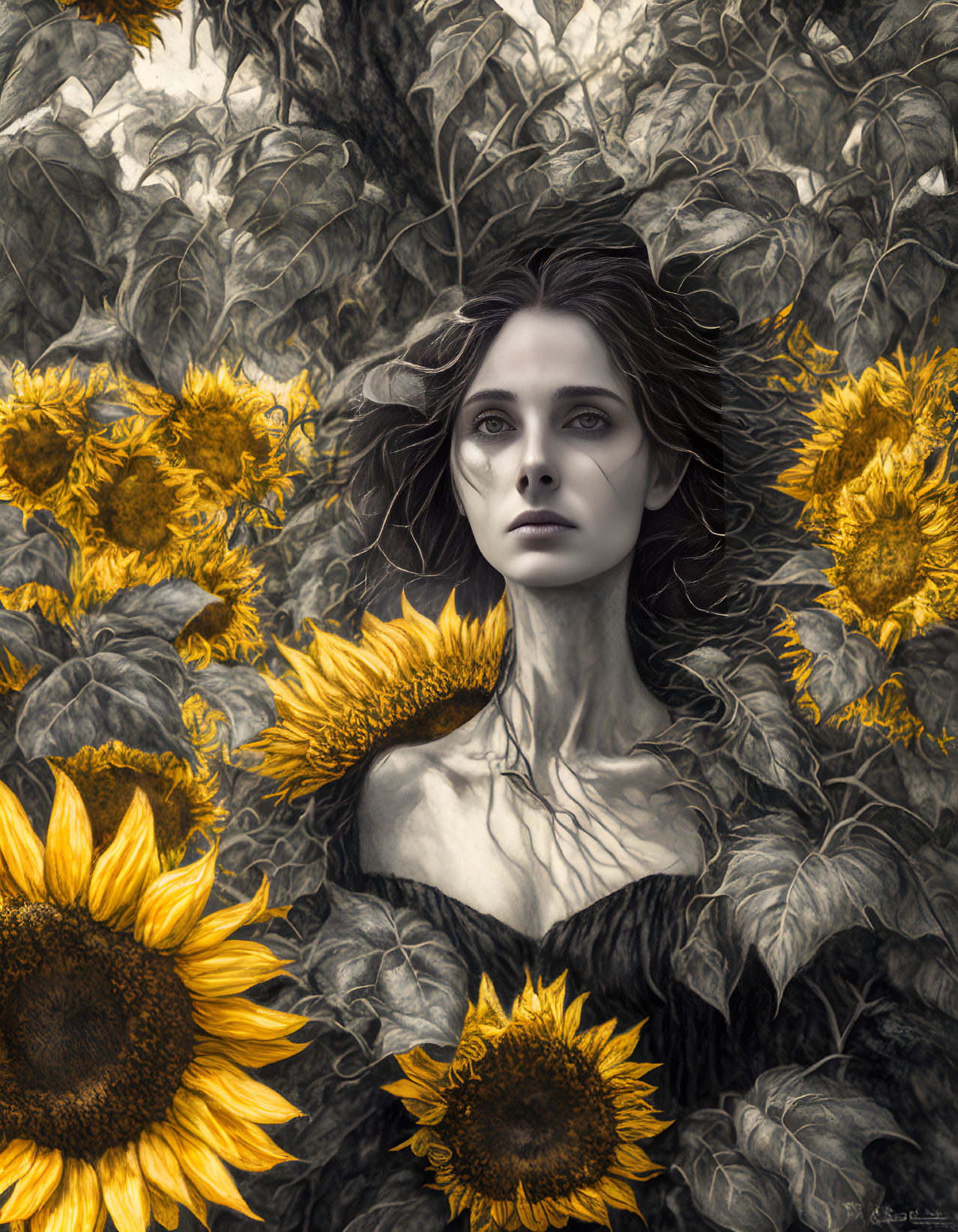 Monochrome image of woman with sunflowers in striking contrast