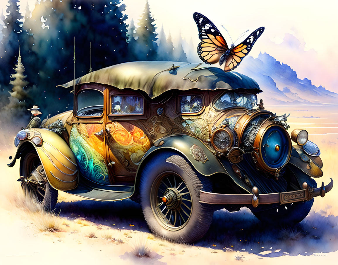 Elaborate Vintage Car with Artistic Patterns in Misty Forest