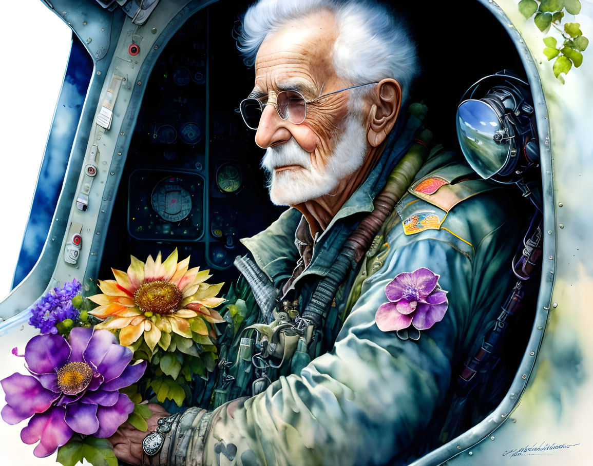 Elderly pilot in aviator glasses and flight suit among colorful flowers