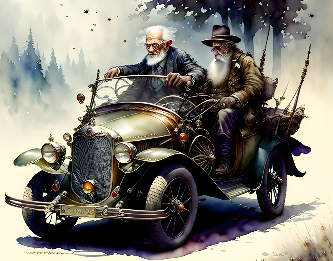 Elderly Men in Vintage Car with Fishing Gear and Fantasy Backdrop