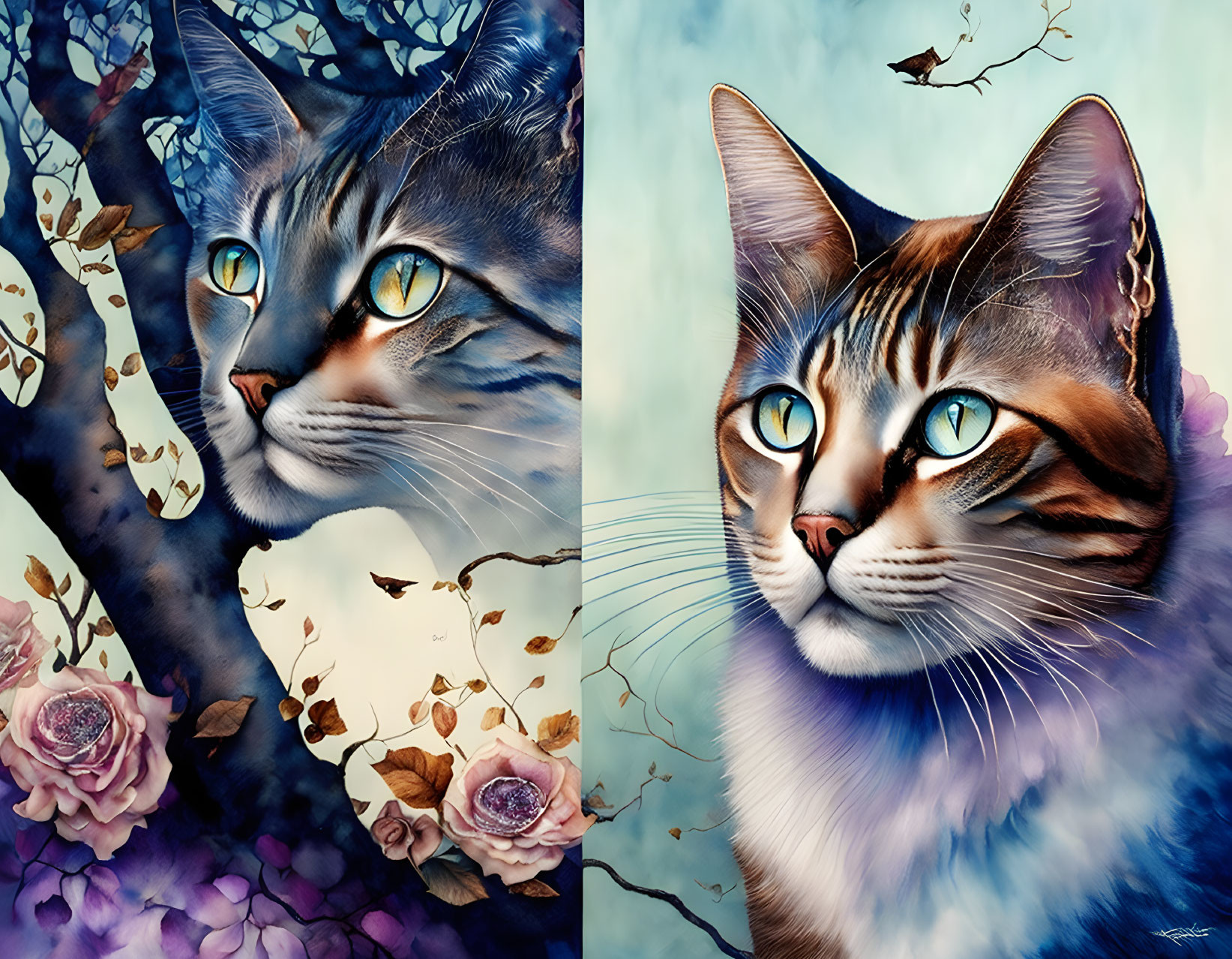 Colorful Digital Painting: Two Cats with Striking Eyes in Floral Fantasy Scene