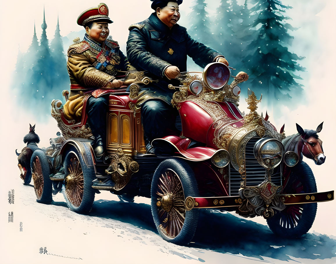 Animated military figures in vintage car with animal on snowy background