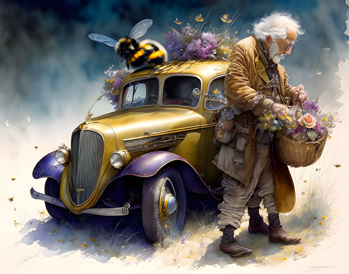 Elderly man collecting flowers by golden car with giant bee