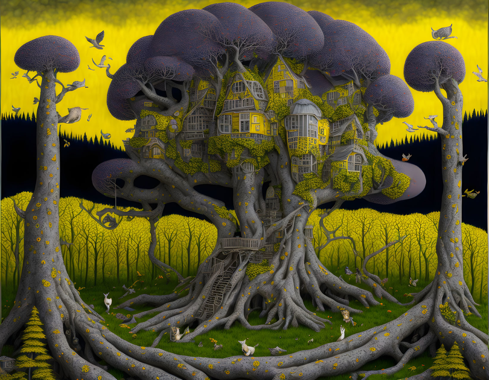 Whimsical surreal artwork: large blue tree, yellow mansion, dark field, floating birds