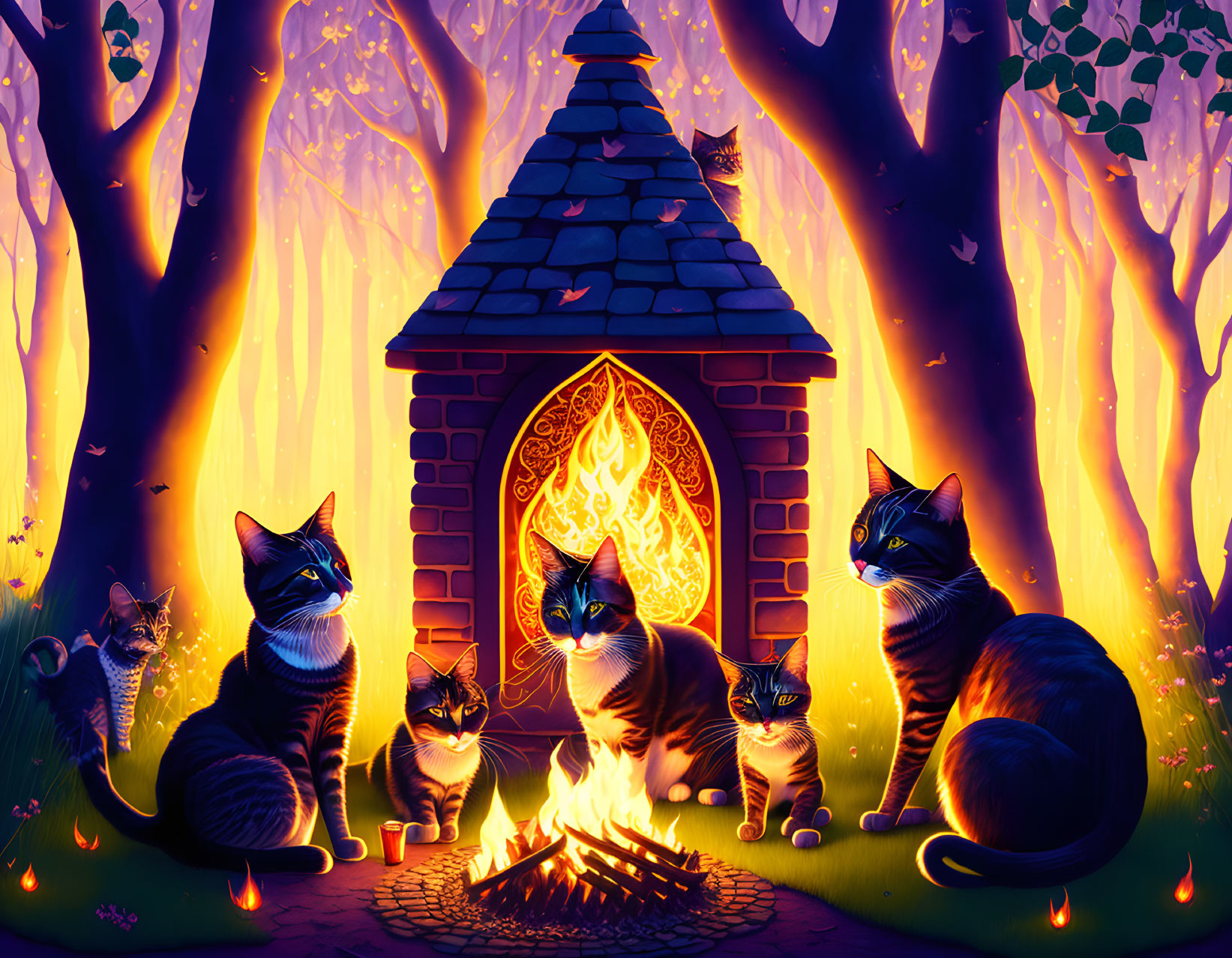 Cats around campfire in mystical forest with small house