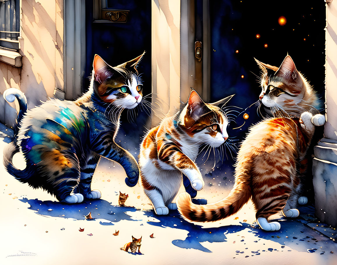 Colorful Cats with Whimsical Patterns Near Doorway