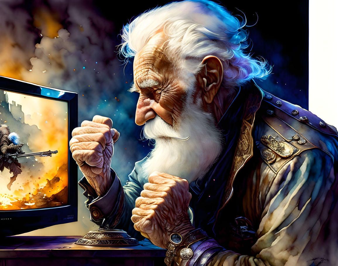 Elderly wizard in ornate robes watches knight battle on computer screen