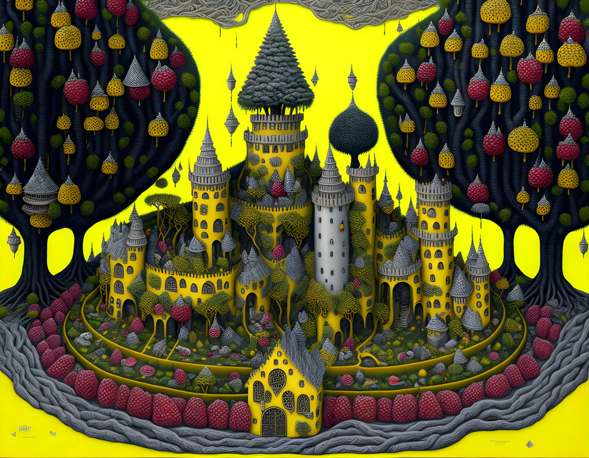 Intricate Yellow Castle Surrounded by Surreal Vegetation