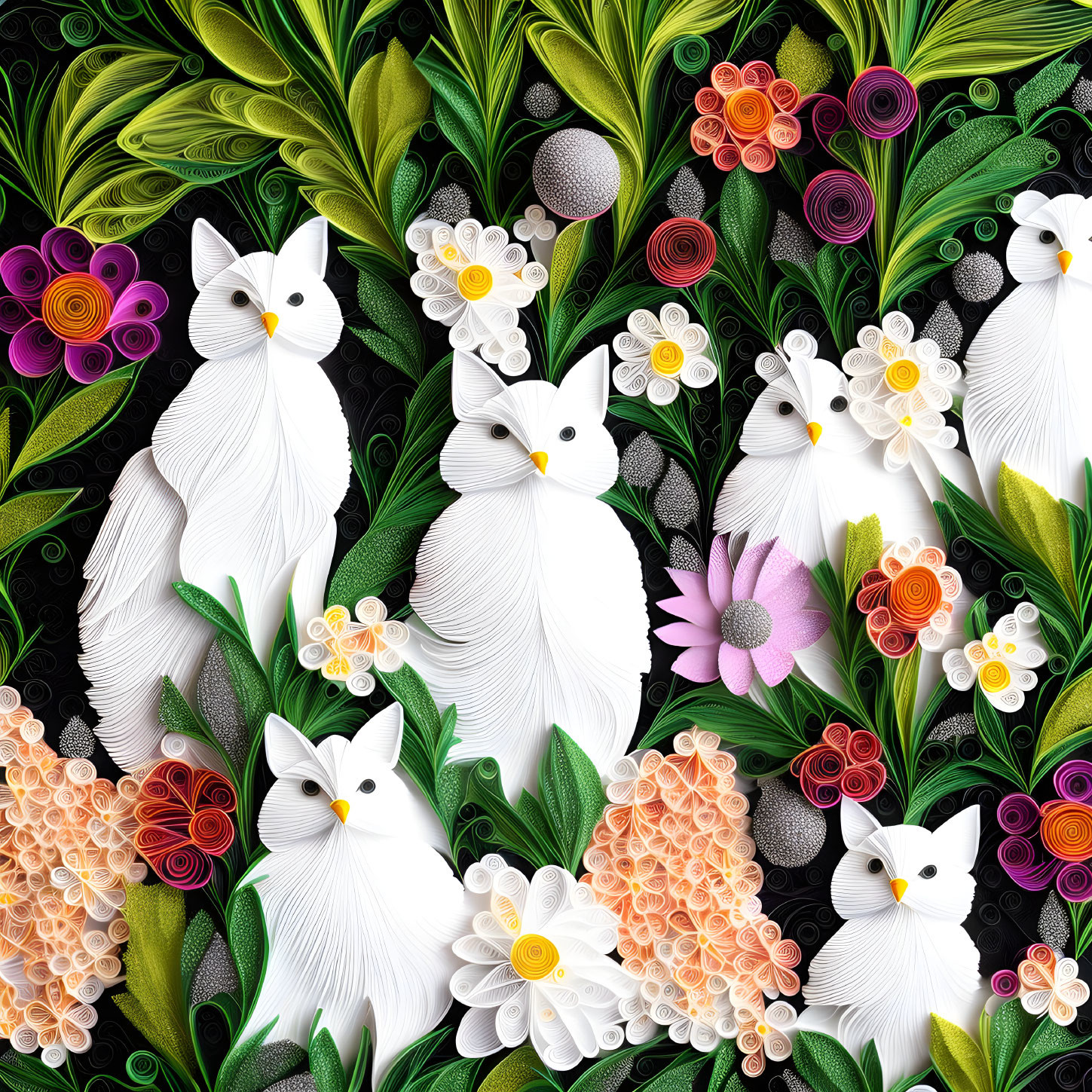 Intricate Paper Art: White Cats & Vibrant Flowers on Dark Background