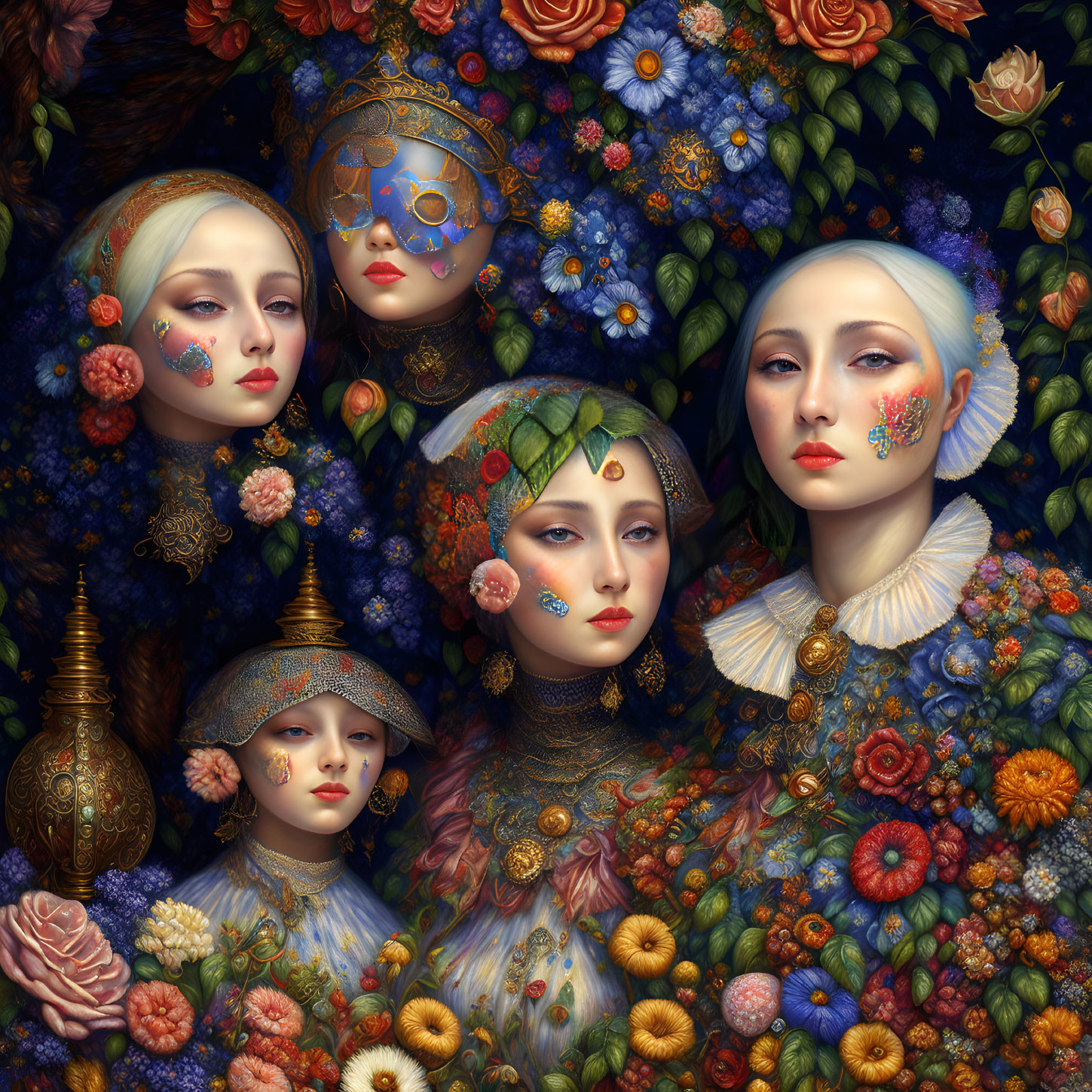 Detailed Artwork: Five Figures in Elaborate Garments Among Colorful Flowers