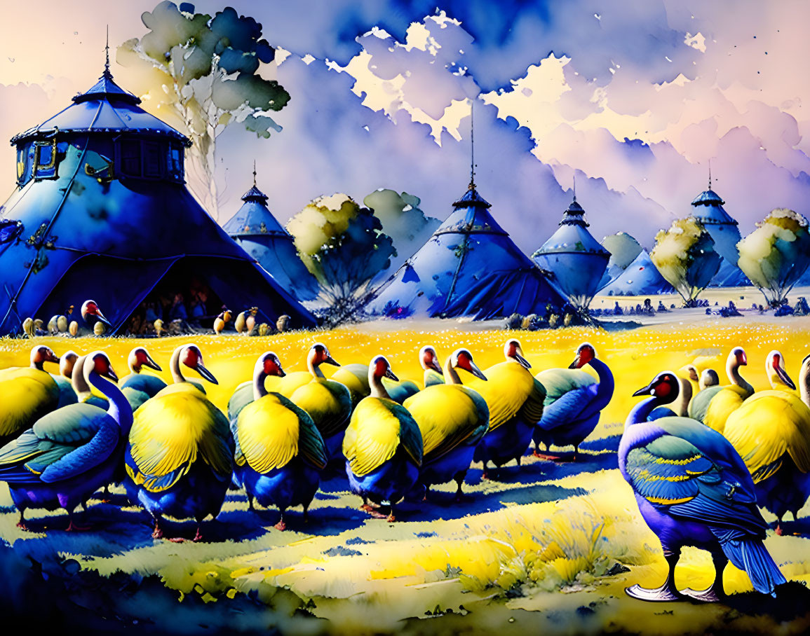 Stylized birds in formation over whimsical fantasy landscape