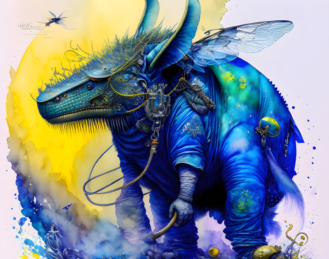 Vibrant blue dragon with gold details and mechanical wings on abstract yellow background