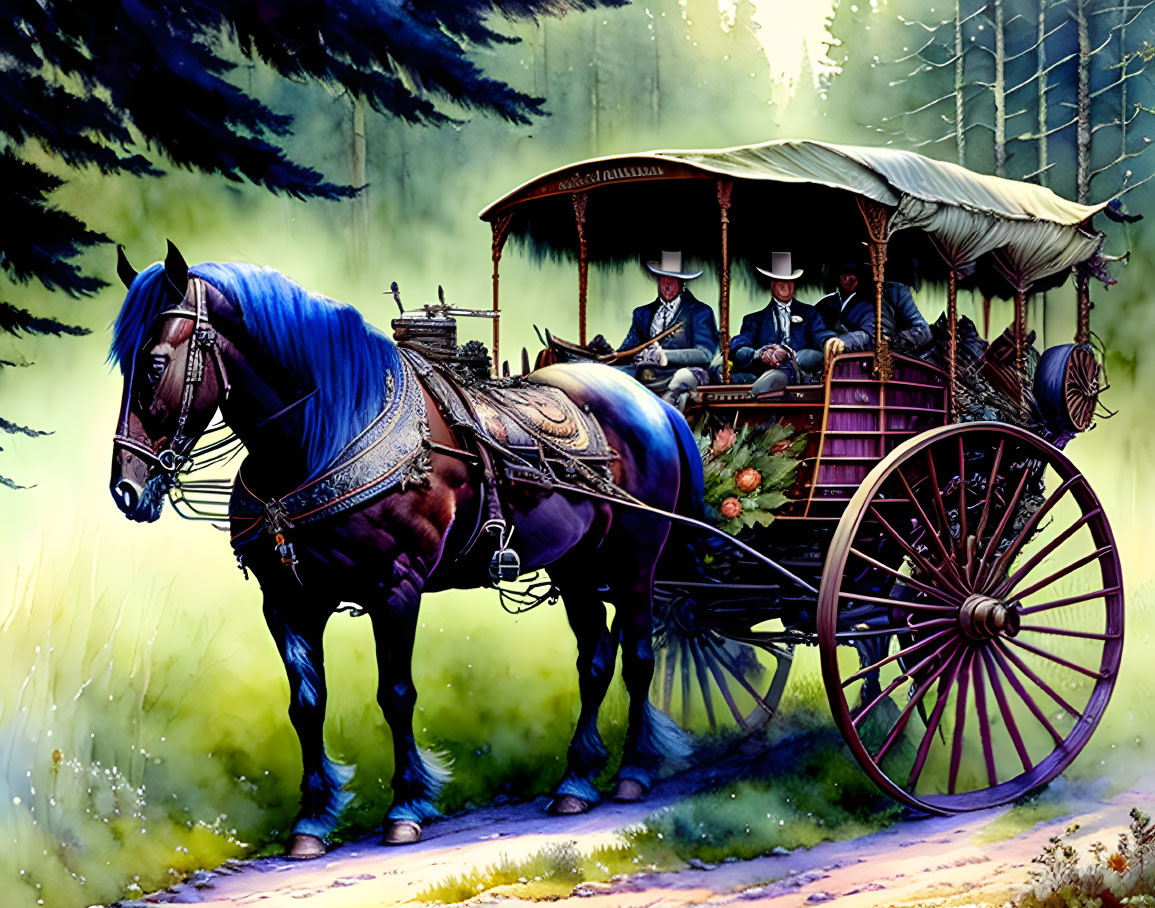 Vintage stagecoach with two men traveling through wooded area on a serene day