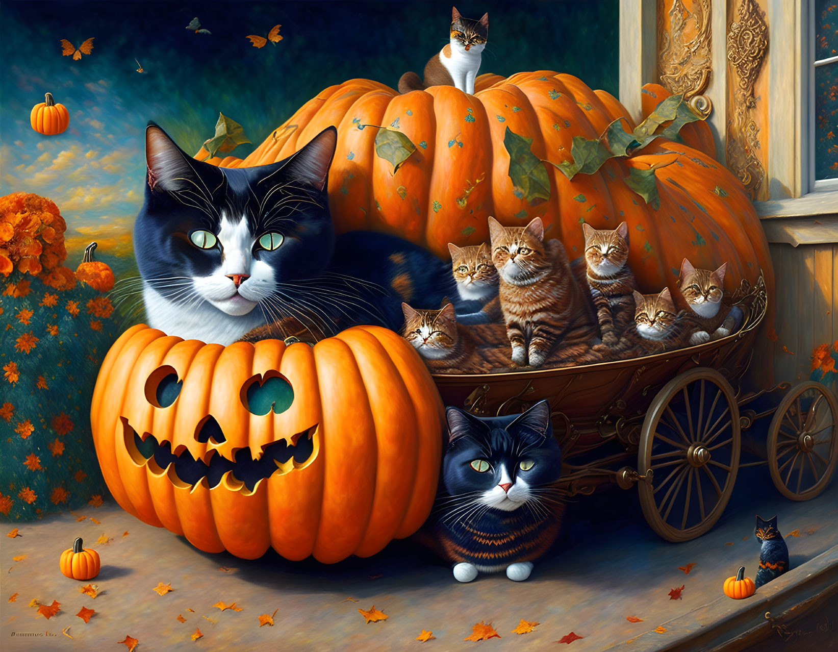 Illustration of cats in pumpkin carriage with autumn decor