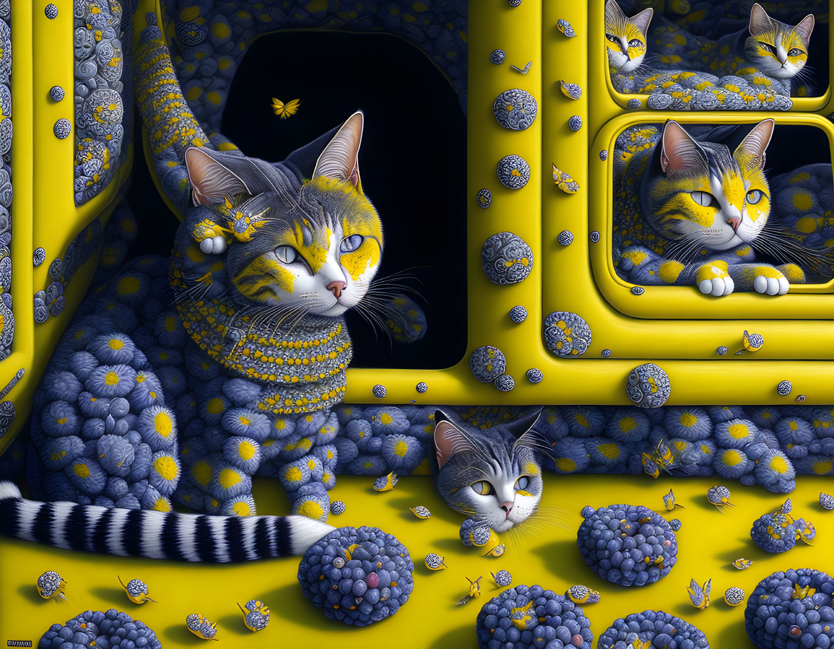 Surreal grey and white cats with butterfly decorations on vibrant yellow background