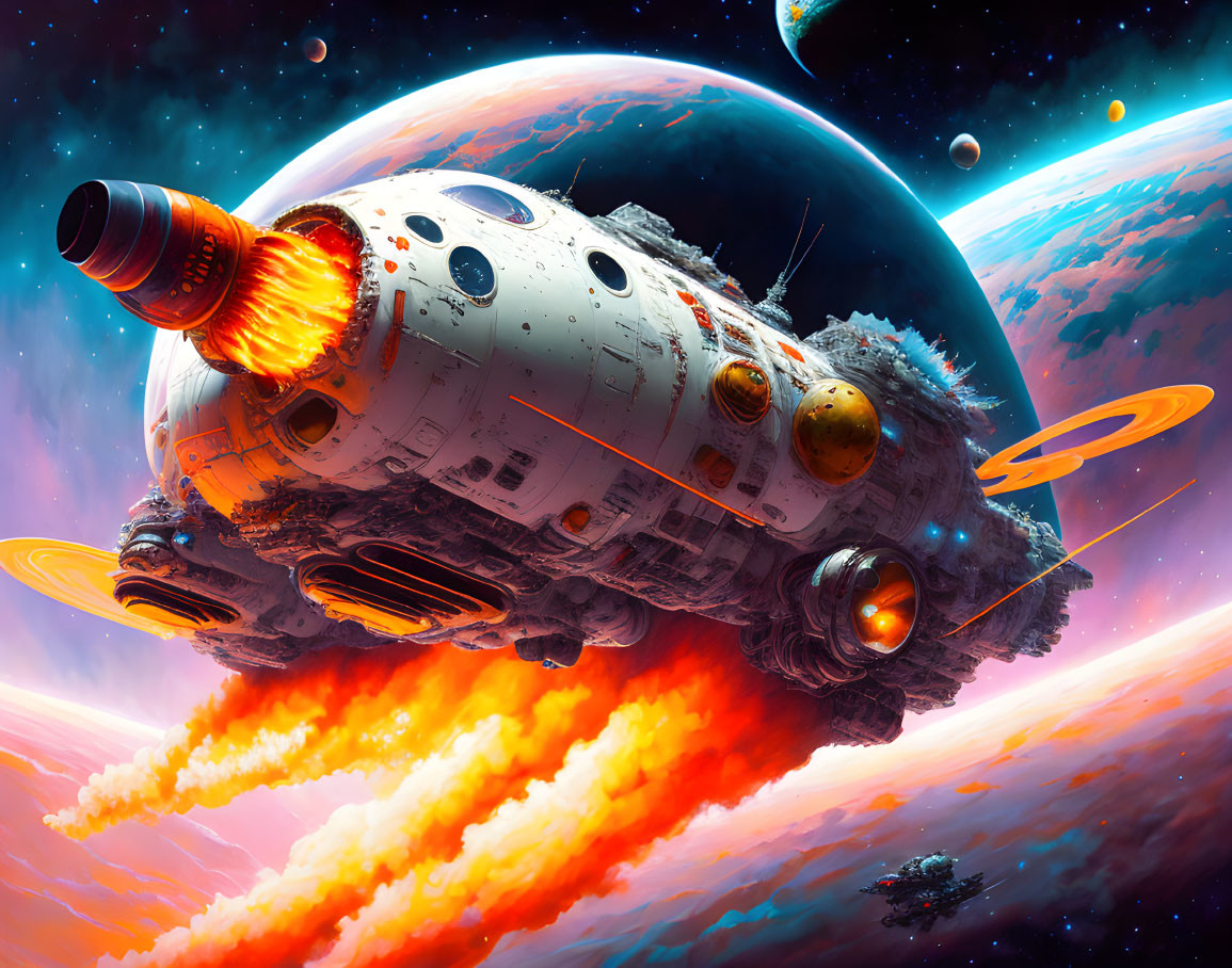 Colorful Sci-Fi Scene: Spaceship Departing Planet Amid Nebula