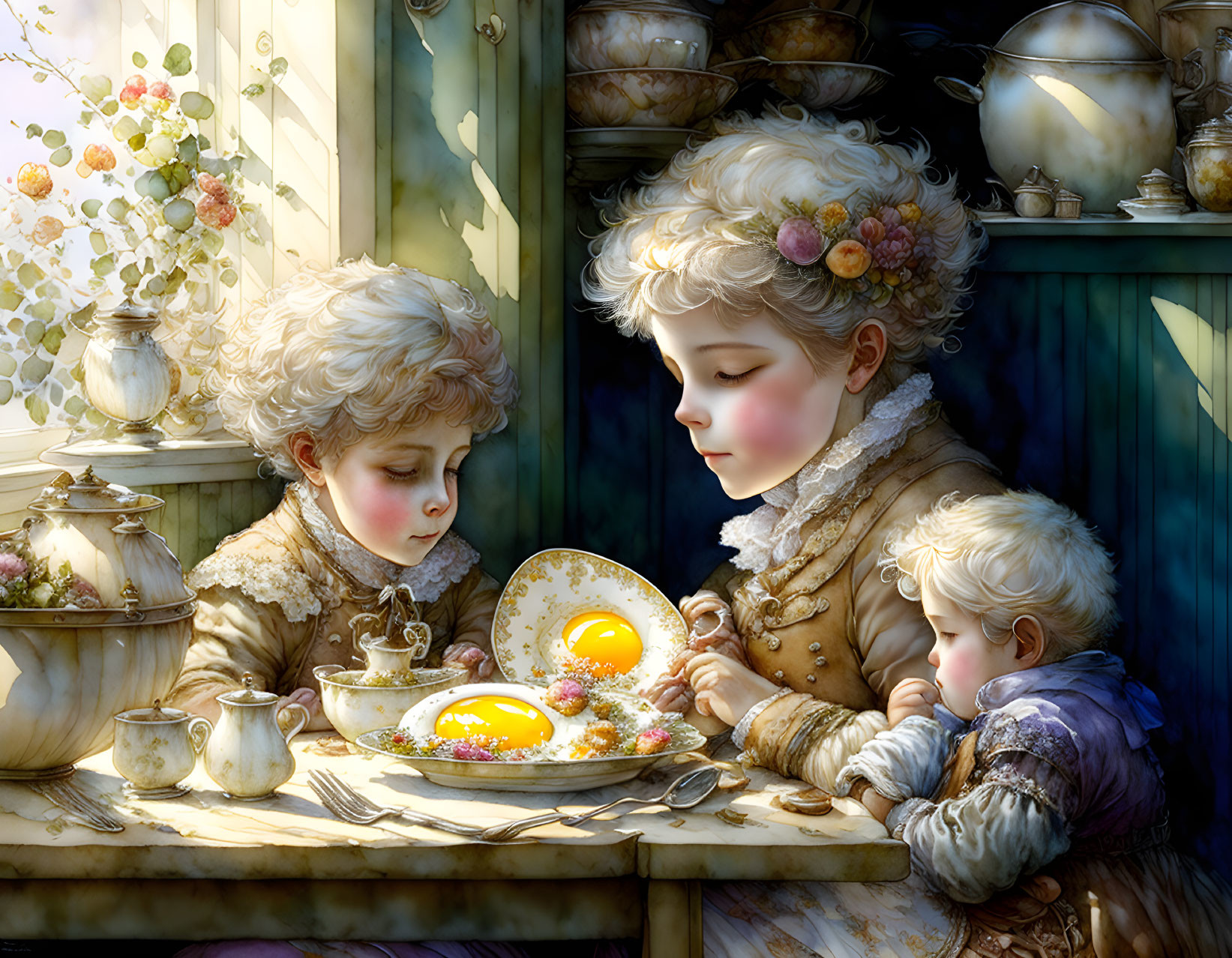 Children in vintage attire having a meal at a floral table in warm sunlight