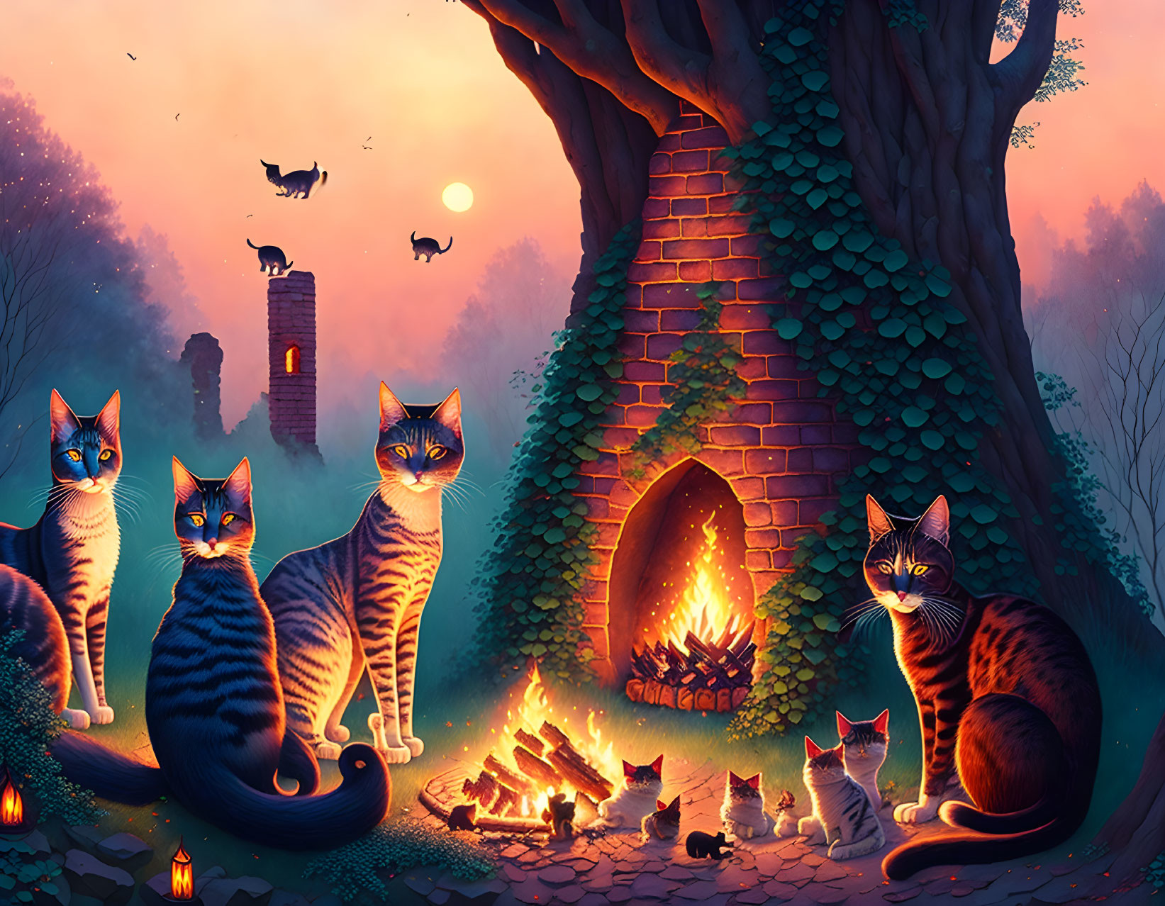 Multiple cats near fire by hollow tree under twilight sky