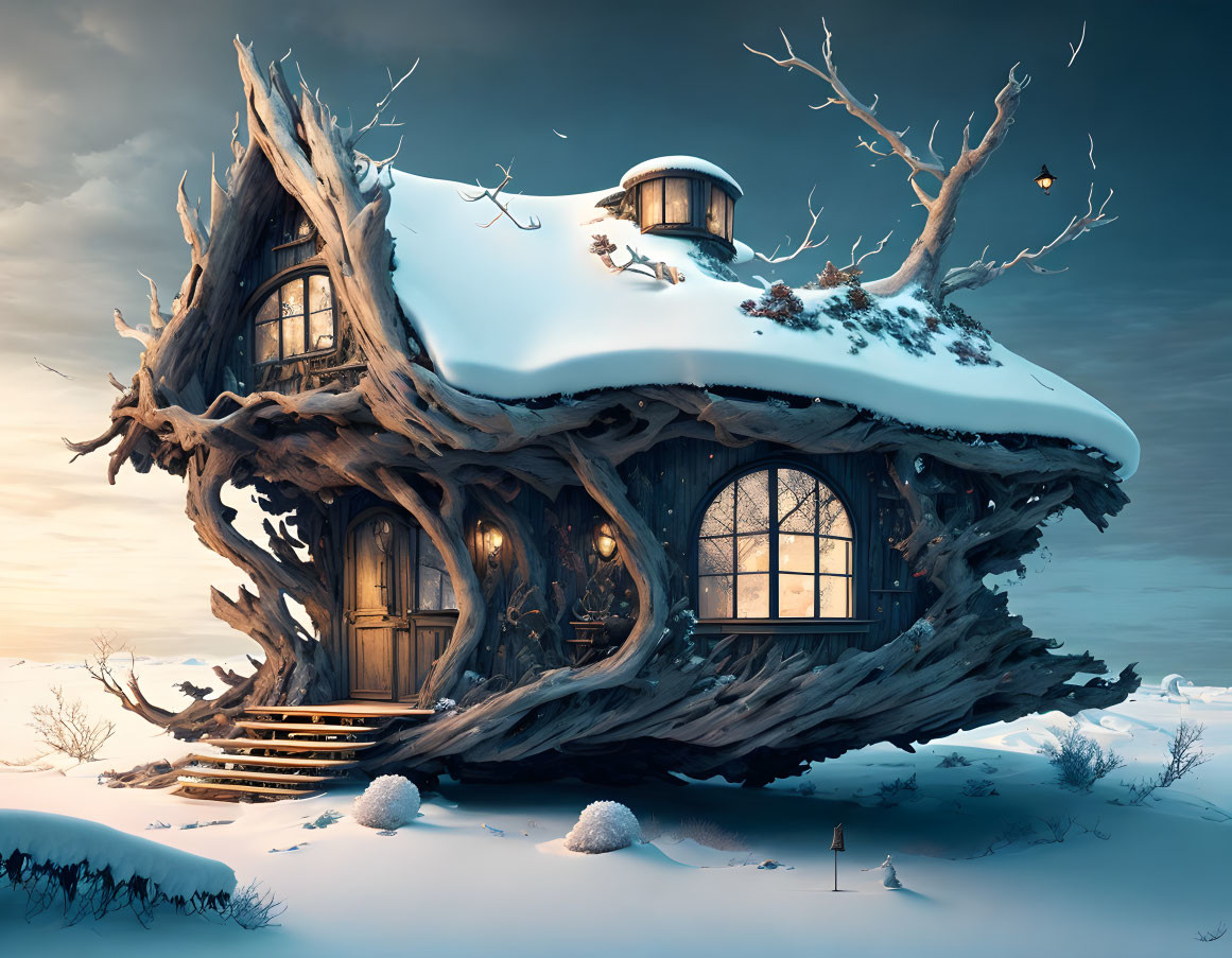 Snow-covered treehouse in wintry landscape with warm glow and round window