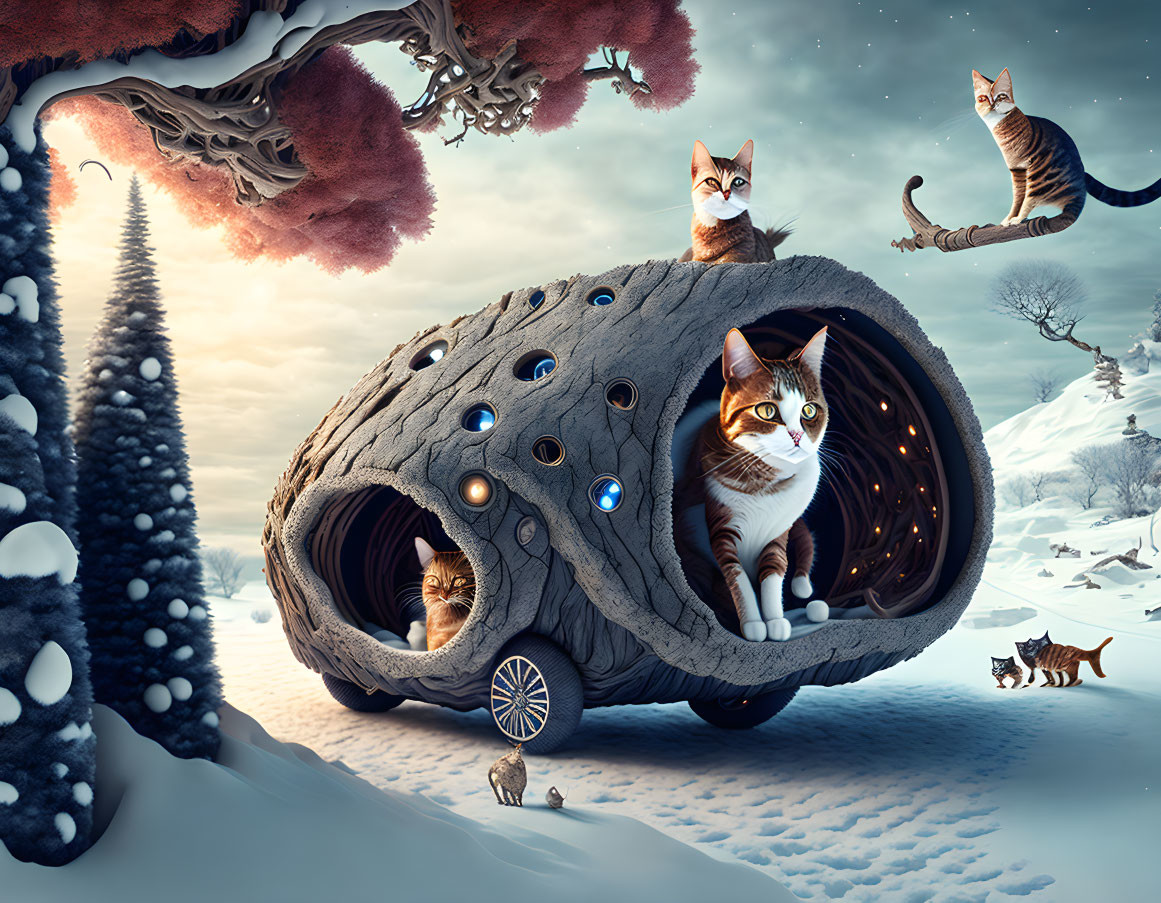 Whimsical winter scene: cats in log on wheels in snowy landscape