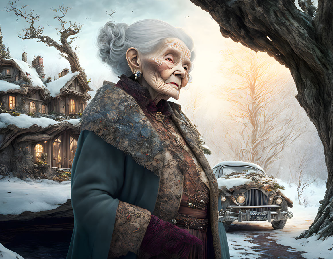 Elderly woman in snowy landscape with vintage car and cozy cottage