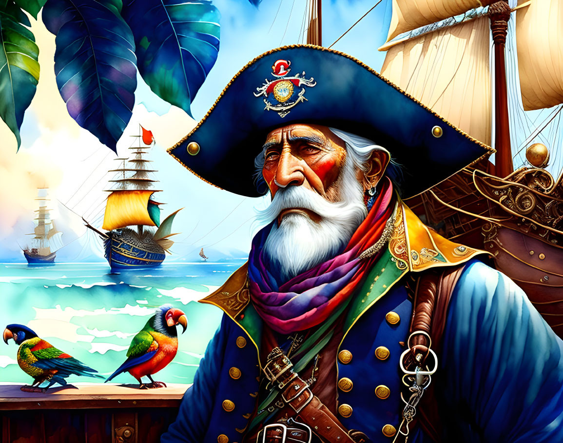 Old pirate with parrot in tricorn hat and blue coat, ships and sea in background