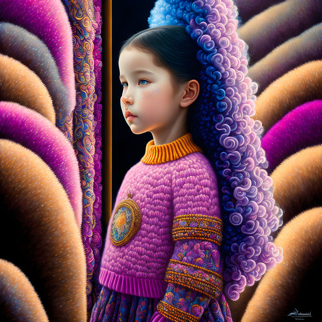 Child in Purple Sweater Surrounded by Whimsical Seashell Shapes