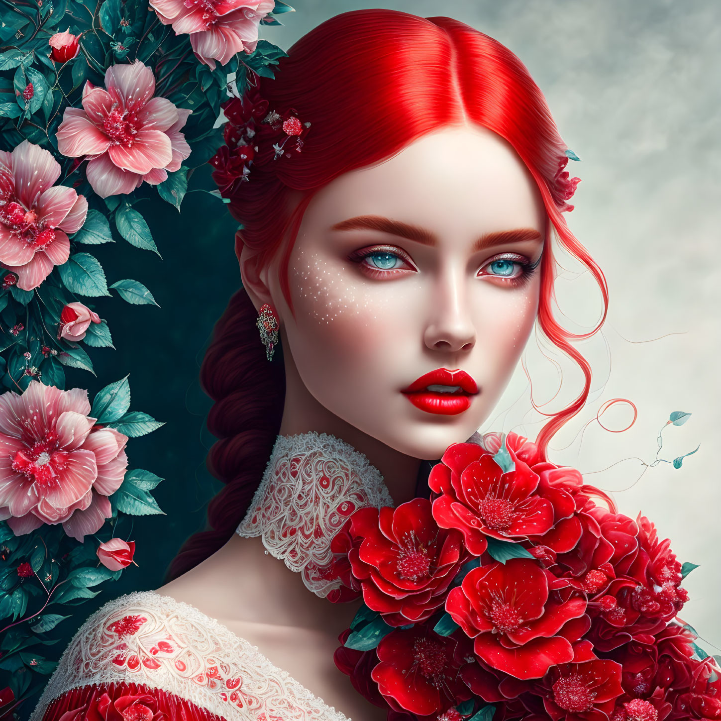 Digital portrait: Woman with red hair, blue eyes, holding flowers