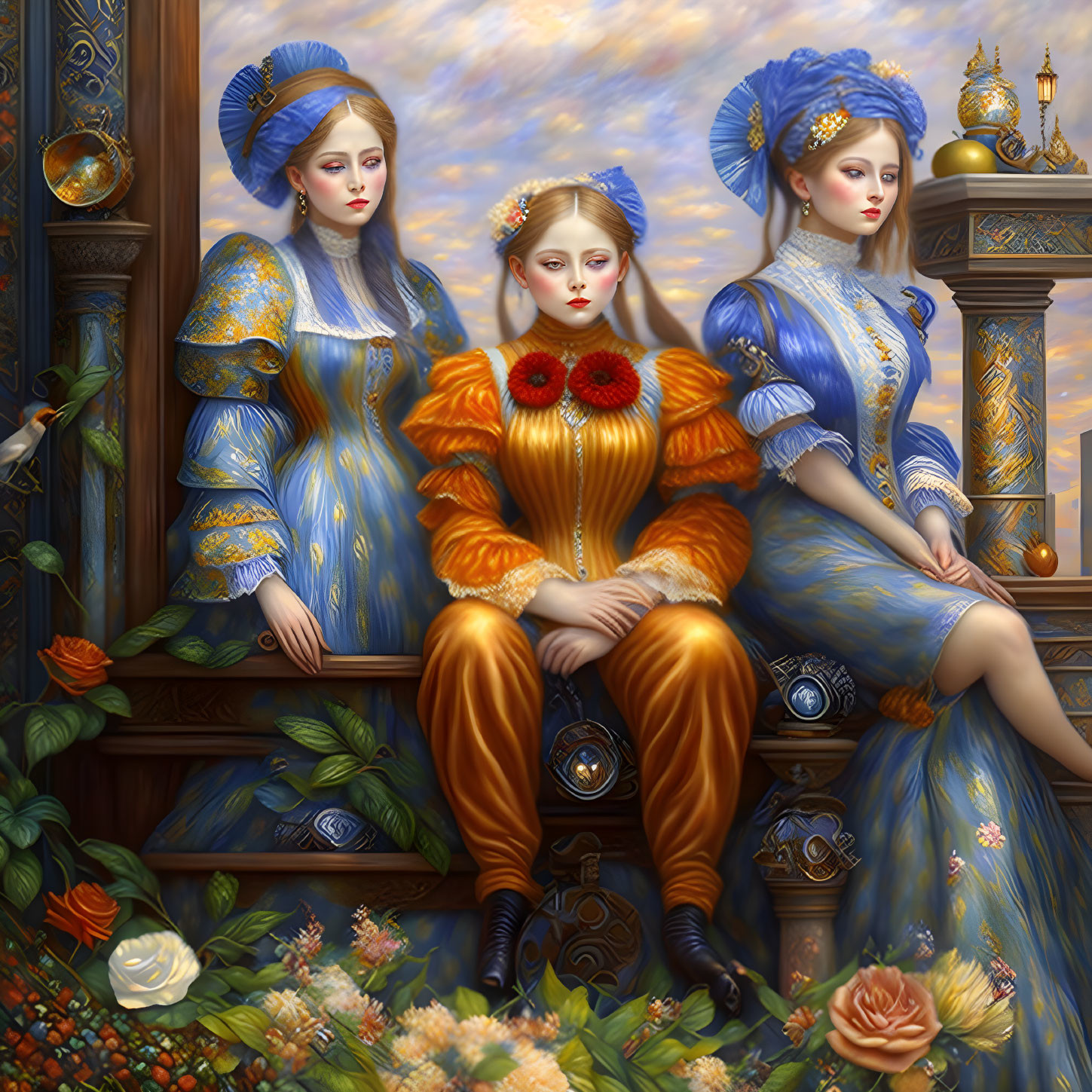 Three Women in Ornate Blue and Gold Dresses Among Floral Art Nouveau Decor