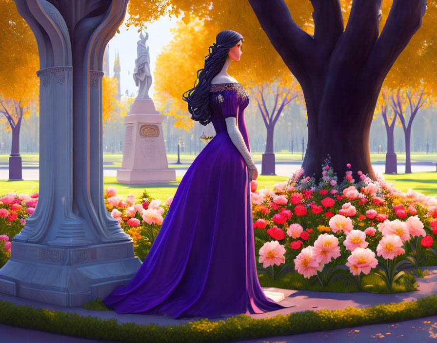 Woman in Purple Dress in Vibrant Park with Flowers, Columns, and Statue