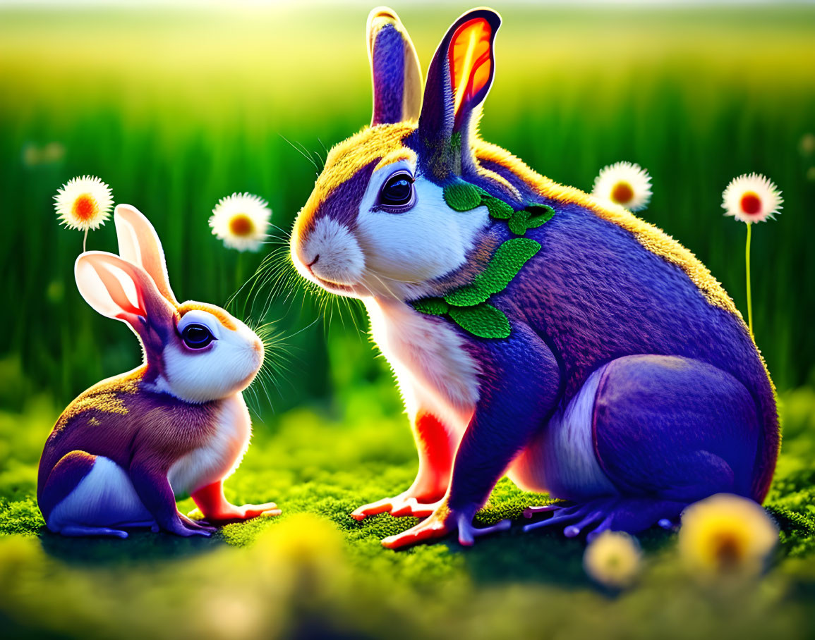 Stylized rabbits with plant-like features in vibrant green field