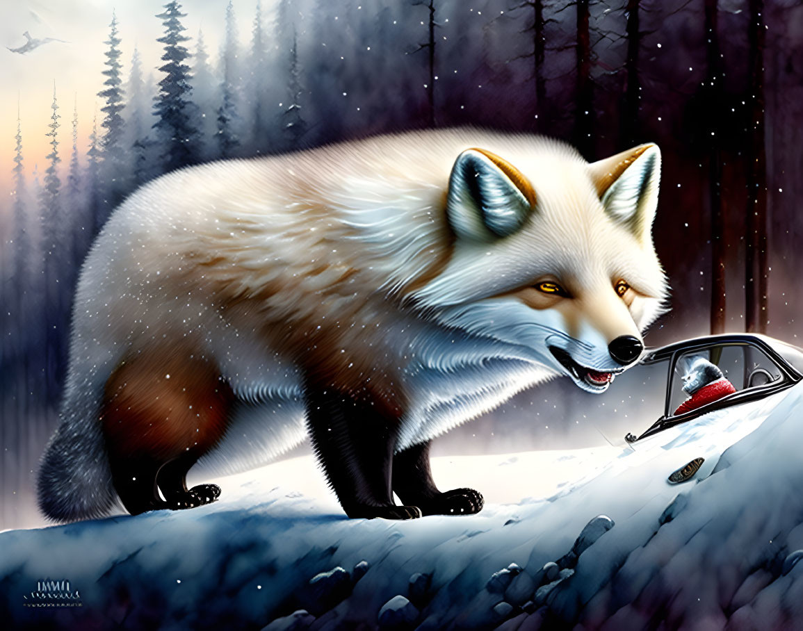 Realistic digital illustration: oversized fox and tiny person in snowy forest landscape