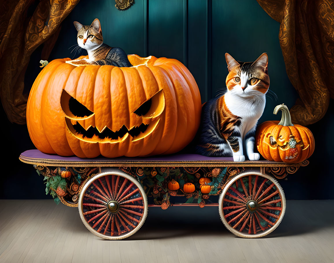 Two Cats with Carved Pumpkin on Decorative Wagon and Blue Background