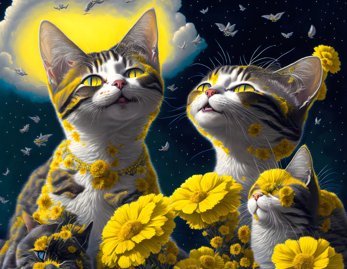 Whimsical cats with yellow flowers in dandelion field at night