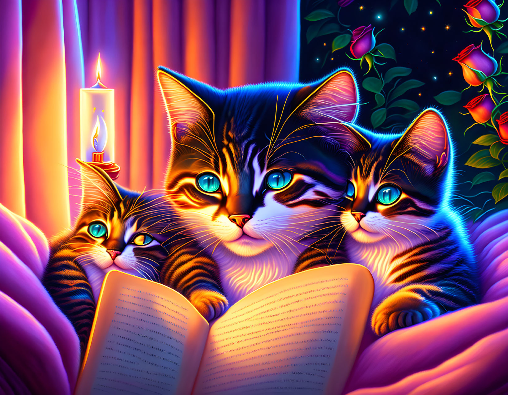 Colorful Cartoon Cats Reading Book with Candles and Roses