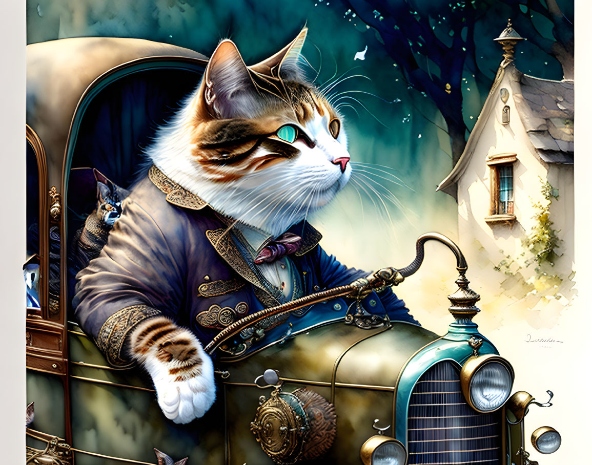 Anthropomorphic cat in vintage attire driving classic car with whimsical house.