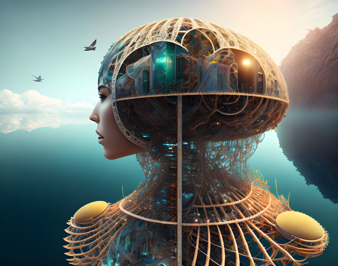 Surreal image: Woman's head transforms into futuristic city sphere