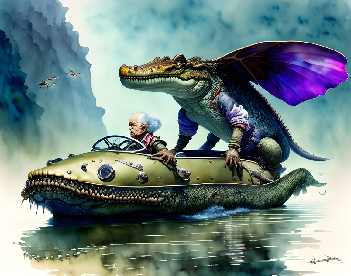 Elderly man pilots unique crocodile-shaped submarine with dragon, surrounded by misty mountains and flying