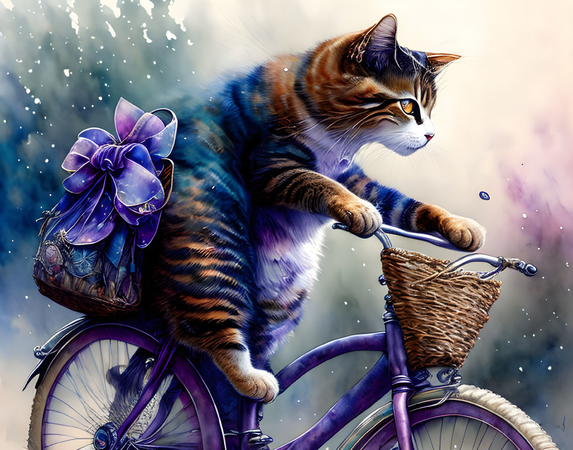 Colorful Cat Riding Bicycle with Basket and Purple Bow on Whimsical Starry Background