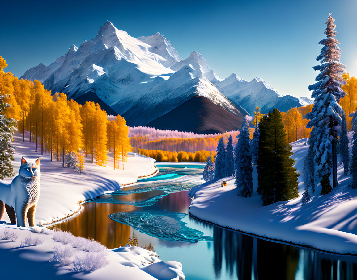 Snowy Mountain Range, River, Autumn Forest, and Blue Sky Landscape