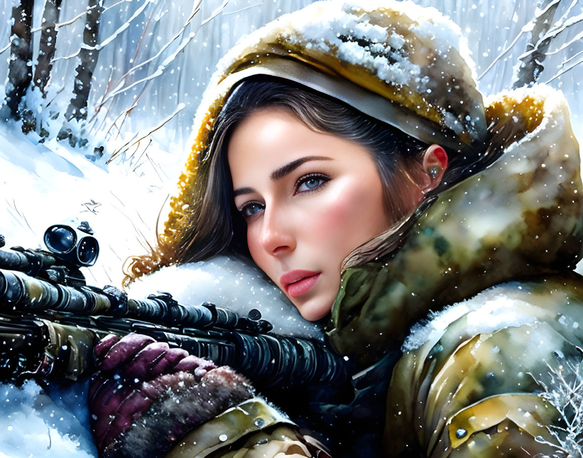 Snowy Camouflage-Clad Woman with Rifle in Intense Stare