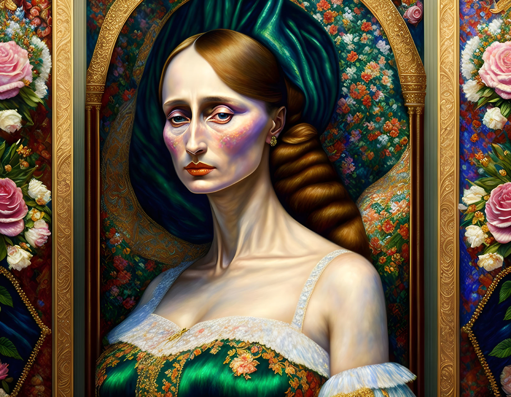 Digital artwork: Woman in vintage green dress with melancholic eyes, golden patterns, roses