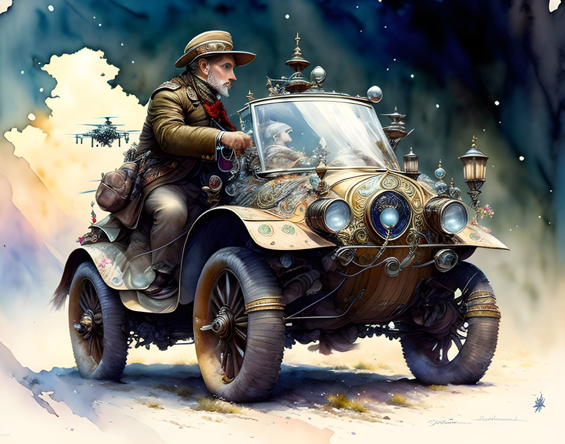 Steampunk-style vehicle with vintage-clad man and hovering drones.